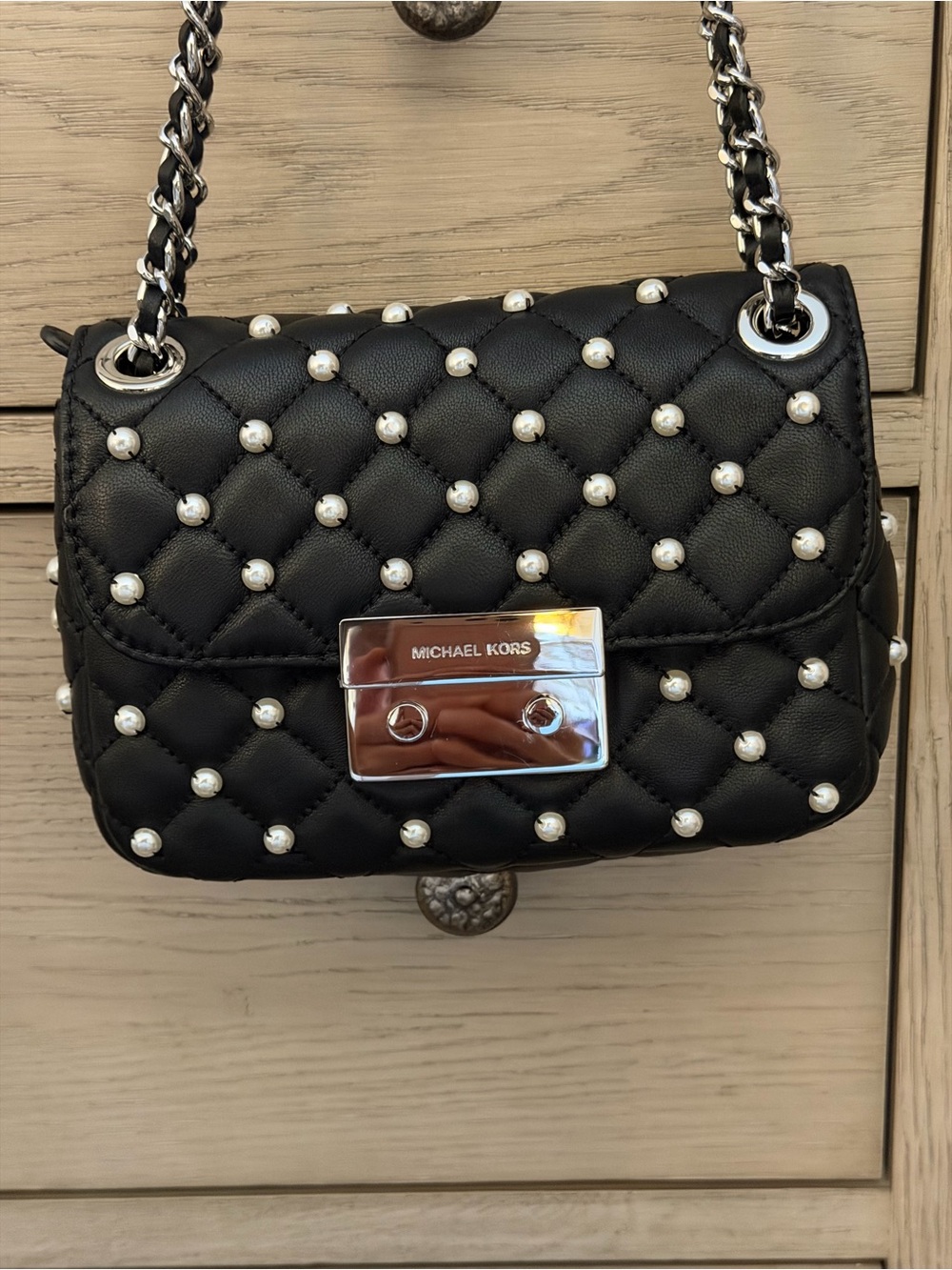 Michael Kors Sloan Black Quilted Crossbody with Pearl Detail